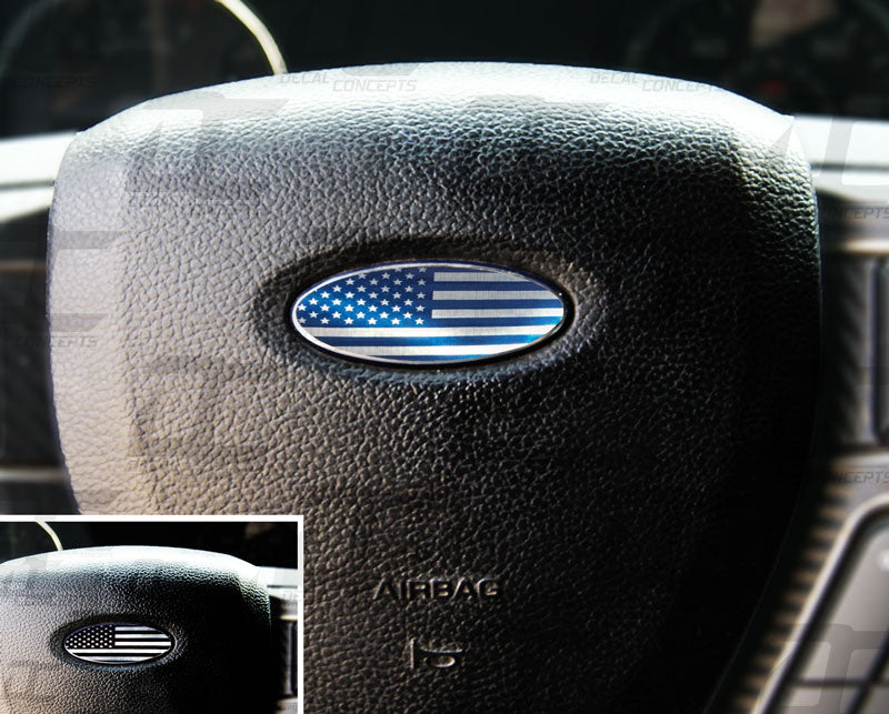 Steering Wheel Emblem Decal Overlay - Brushed Chrome American Flag Style - For Ford Models
